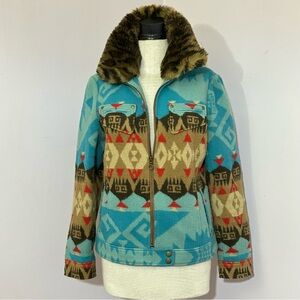Tasha Polizzi Turquoise and Tan Tribal Bomber Jacket